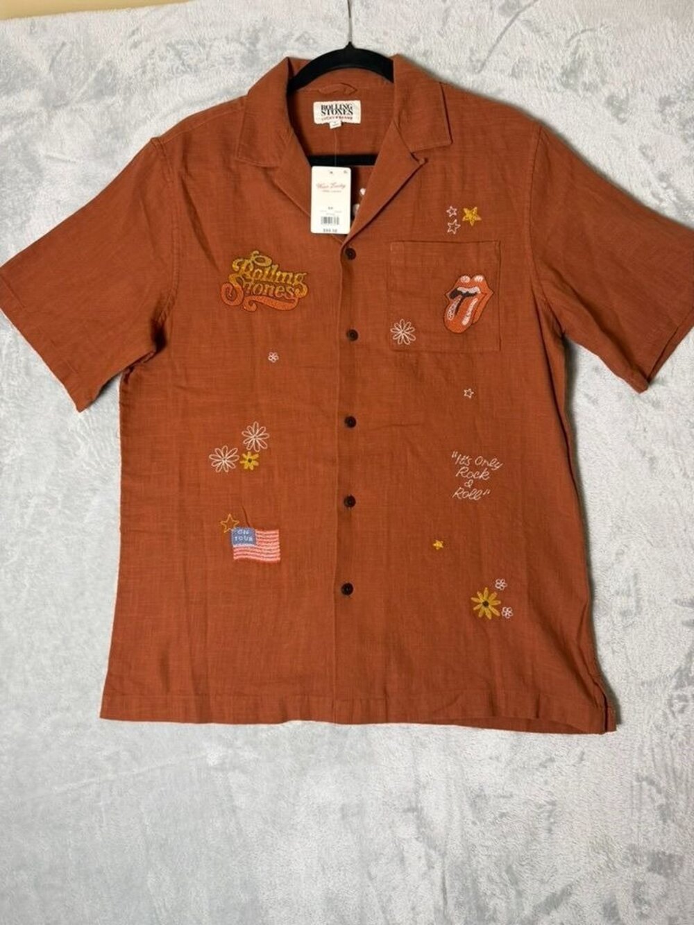 LUCKY BRAND Rolling Stones Mens Small Brown Camp Shirt Button Up Embroidered NEW